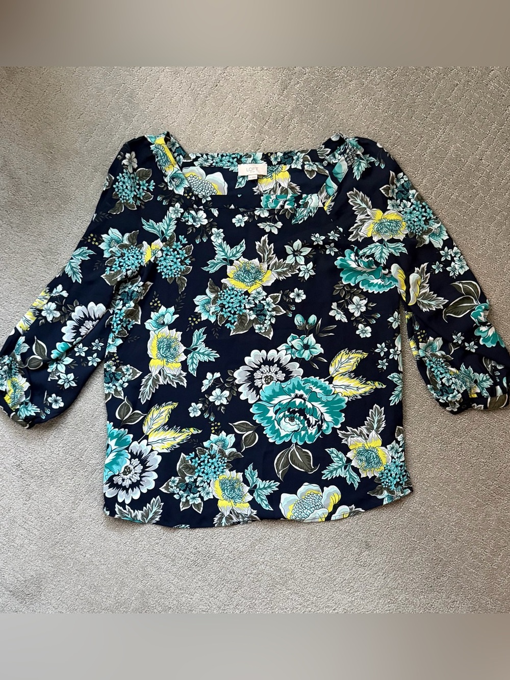 NWT - LOFT Navy Floral Square Neck 3/4 Sleeve Blouse Shirt size M